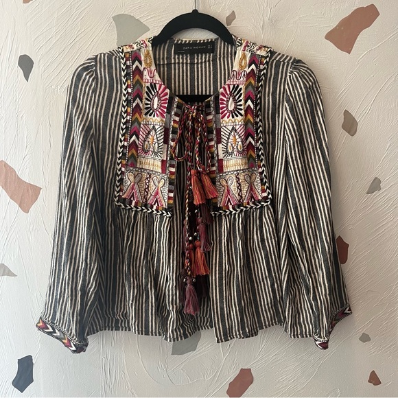 Zara Embroidered Boho Tie Front Open Cardigan size M - Picture 7 of 12